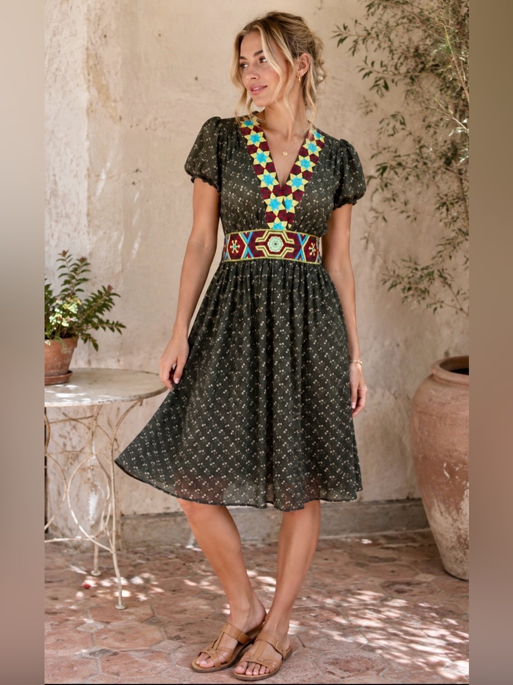 Corey Lynn Calter Sz 8 100% Silk Dress Boho Tribal Embroidered Anthropologie